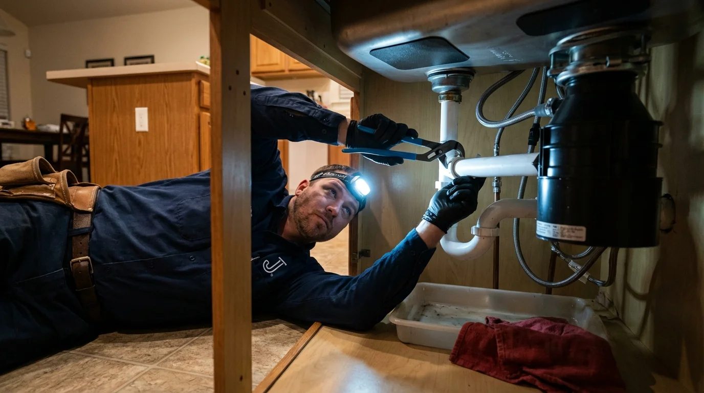 P-trap and supply line connections under a kitchen sink showing a common leak point in Altadena, CA